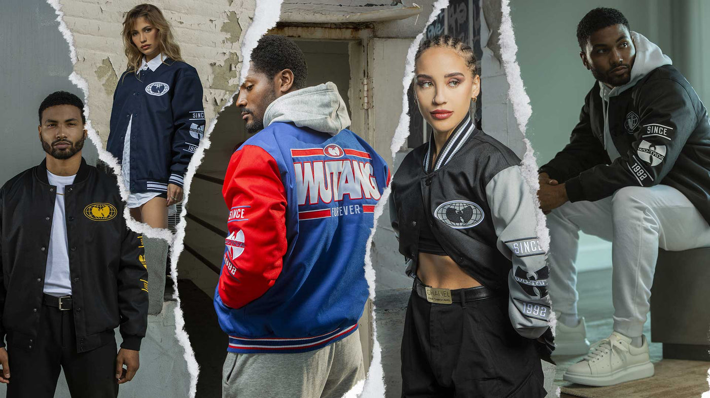 Ripped paper collage of wu-tang clan all-city jacket models